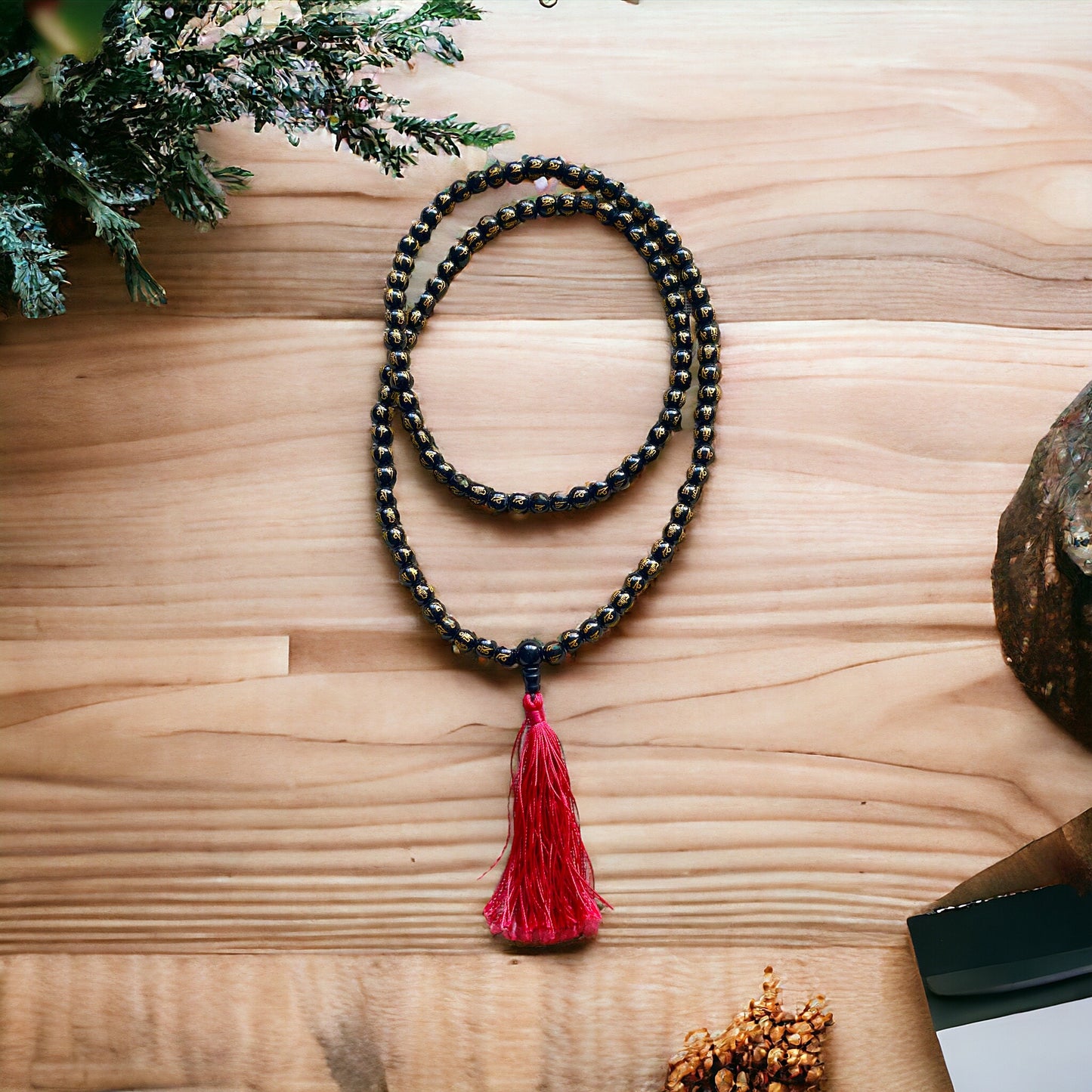 Japa Mala Auténtico de Ónix con mantra con fleco de 8mm