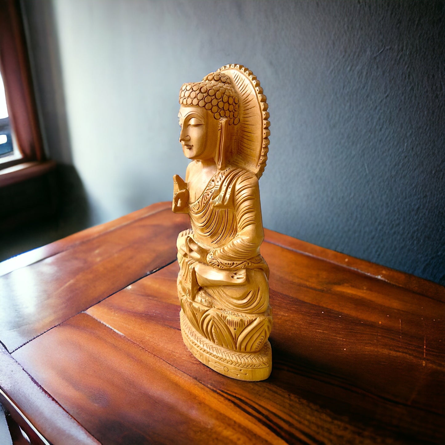 Estatua de Buda M, Shiddharta Gautama, Madera Teka, Tallado a Mano, Hecho en India