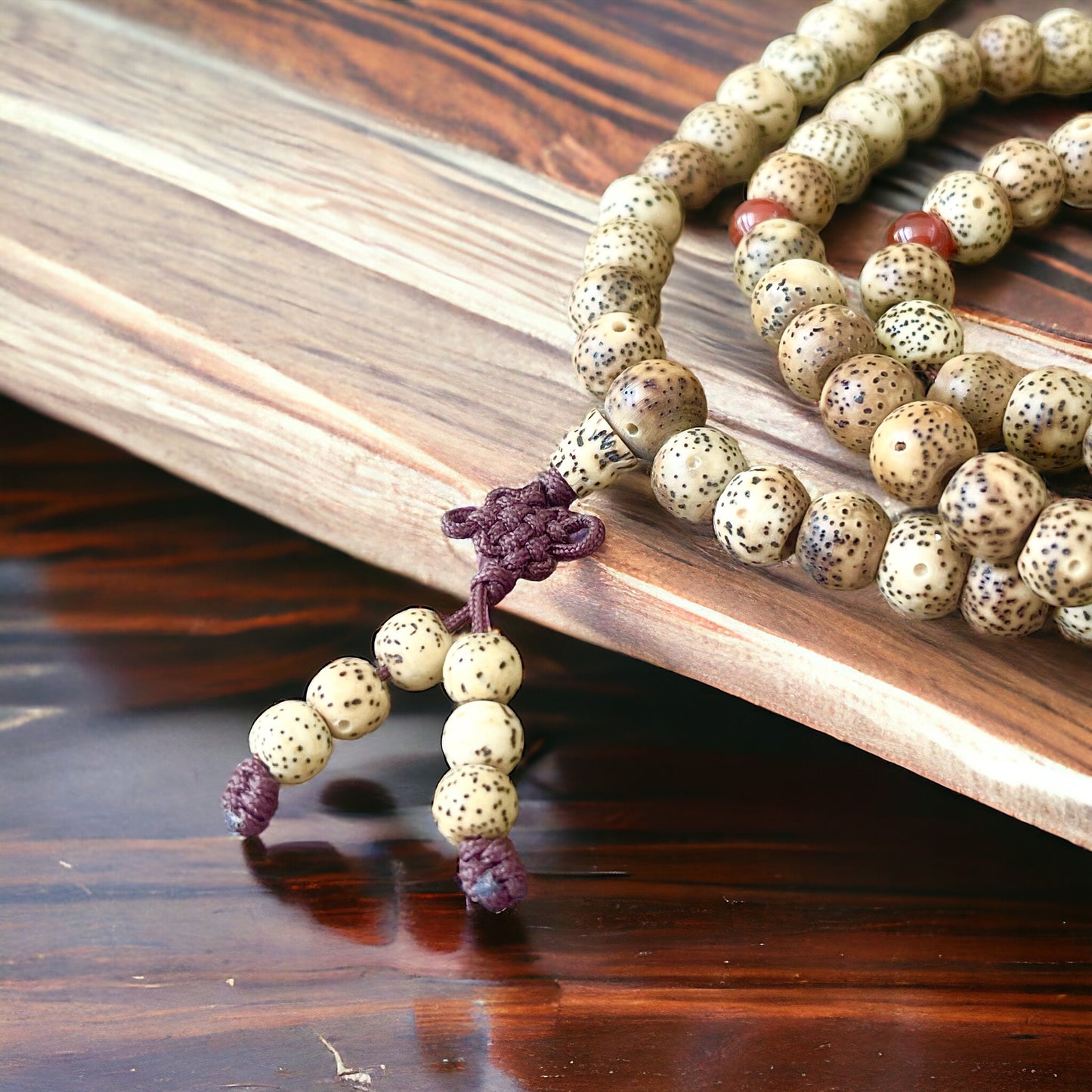 Japa Mala Auténtico de Semilla de Flor Loto Natural con Separadores con Nudo Sin Fin Tibetano