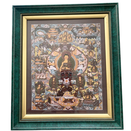 Thangka Budista: Pintura Tibetana, Pintada a Mano en Nepal, La Vida de Buda con Marco y Vidrio