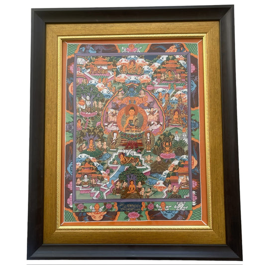 Thangka Budista: Pintura Tibetana, Pintada a Mano en Nepal, La vida de Buda con Marco y Vidrio