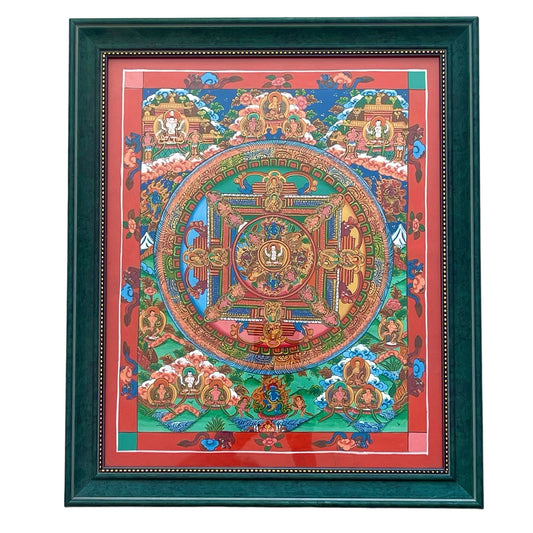 Thangka Budista, Pintura Tibetana, Pintada a Mano en Nepal, Mandala de La Rueda del Dharma con Marco y Vidrio