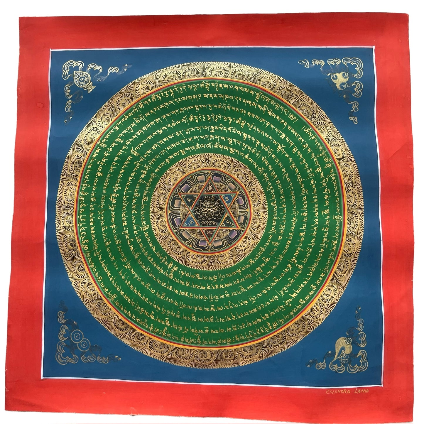 Thangka Budista, Pintura Tibetana, Pintada a Mano en Nepal, Mandala de Om Mani Pädme Hum Mantra en Sánscrito