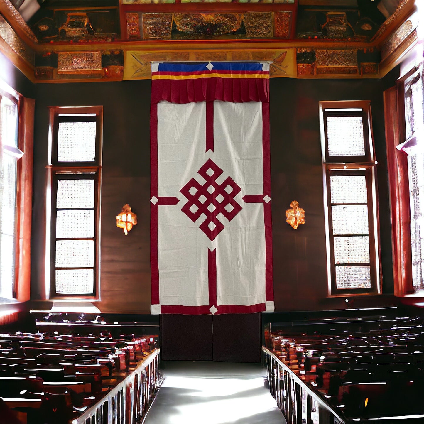 Tapiz Tibetano Colgante con Diseño de Nudo Sin Fín, Vino