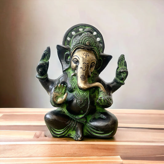 Estatua de Ganesha Verde: Dios destructor de obstáculos, hecho de Bronce