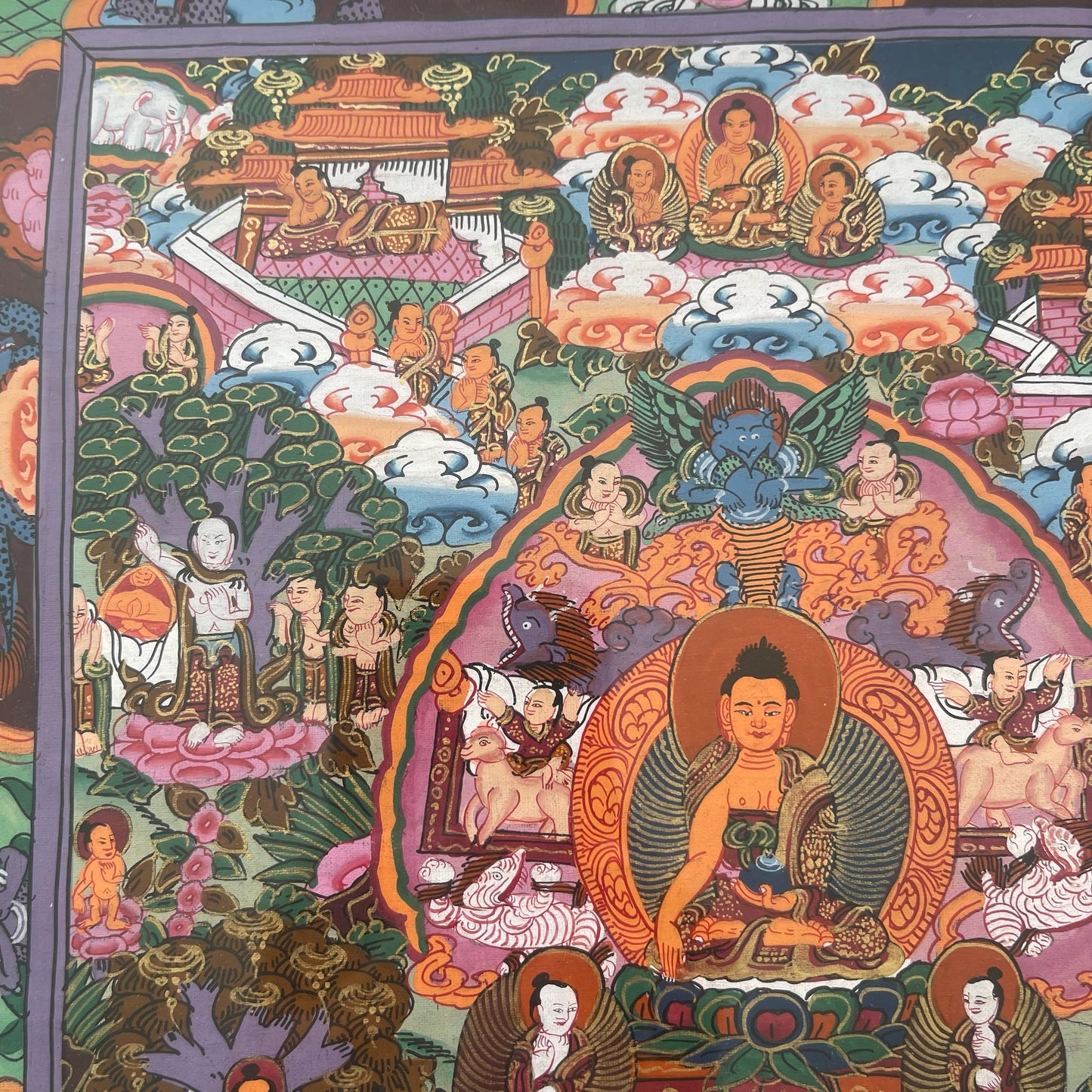 Thangka Budista: Pintura Tibetana, Pintada a Mano en Nepal, La vida de Buda con Marco y Vidrio