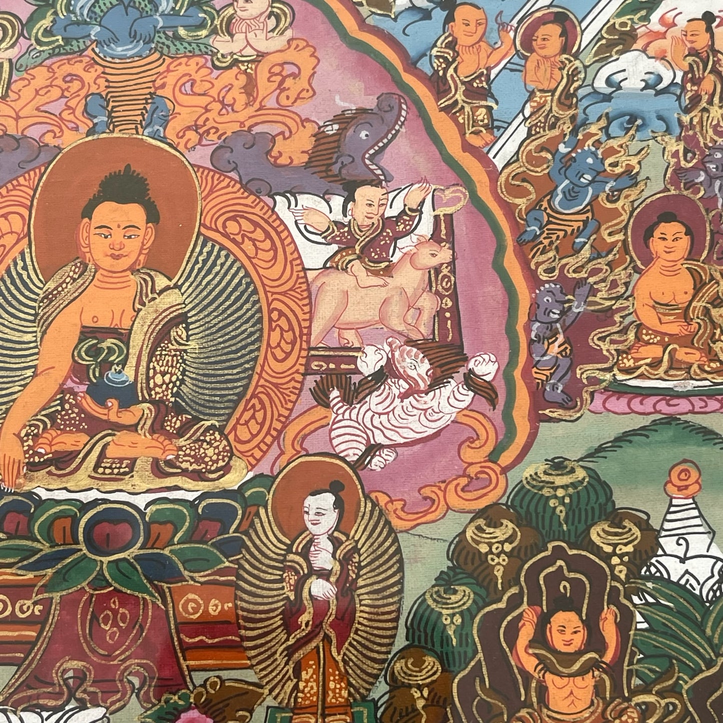 Thangka Budista: Pintura Tibetana, Pintada a Mano en Nepal, La vida de Buda con Marco y Vidrio