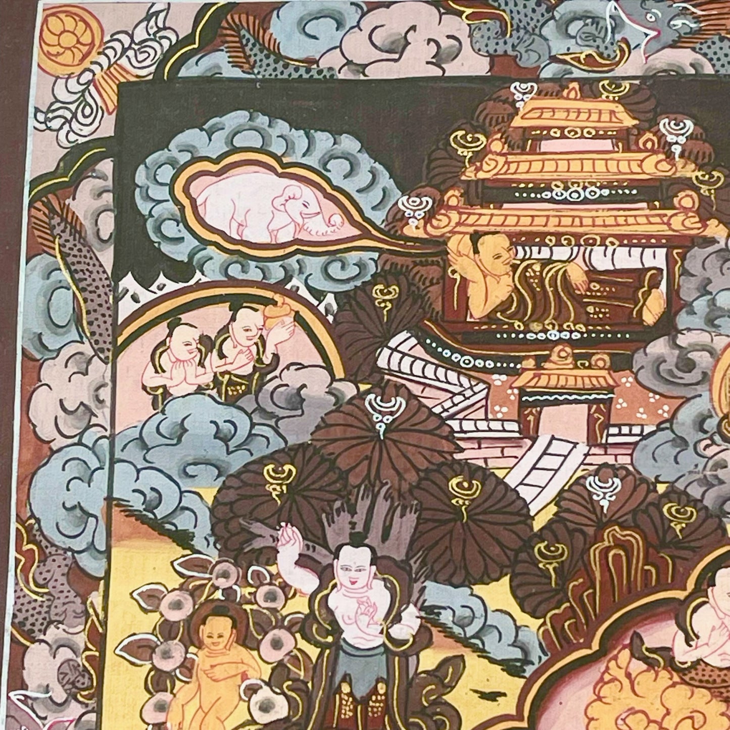 Thangka Budista: Pintura Tibetana, Pintada a Mano en Nepal, La Vida de Buda con Marco y Vidrio