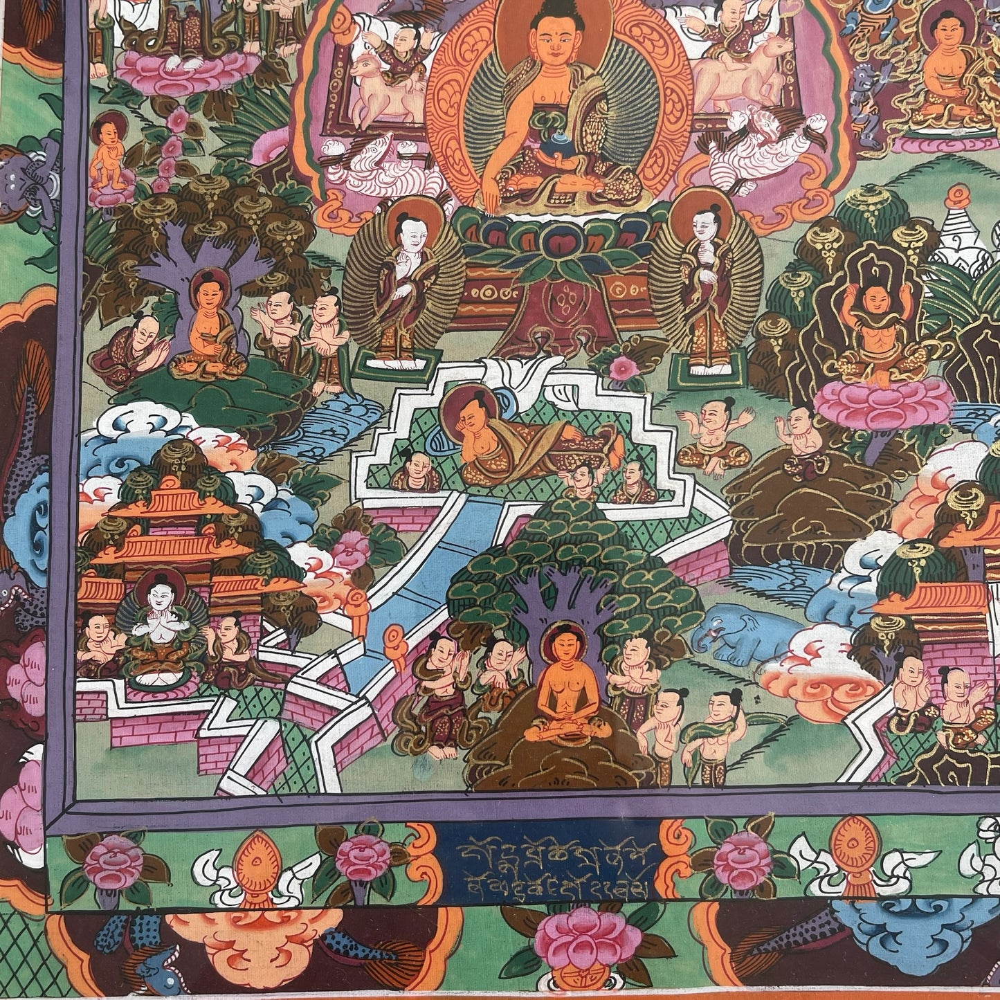 Thangka Budista: Pintura Tibetana, Pintada a Mano en Nepal, La vida de Buda con Marco y Vidrio