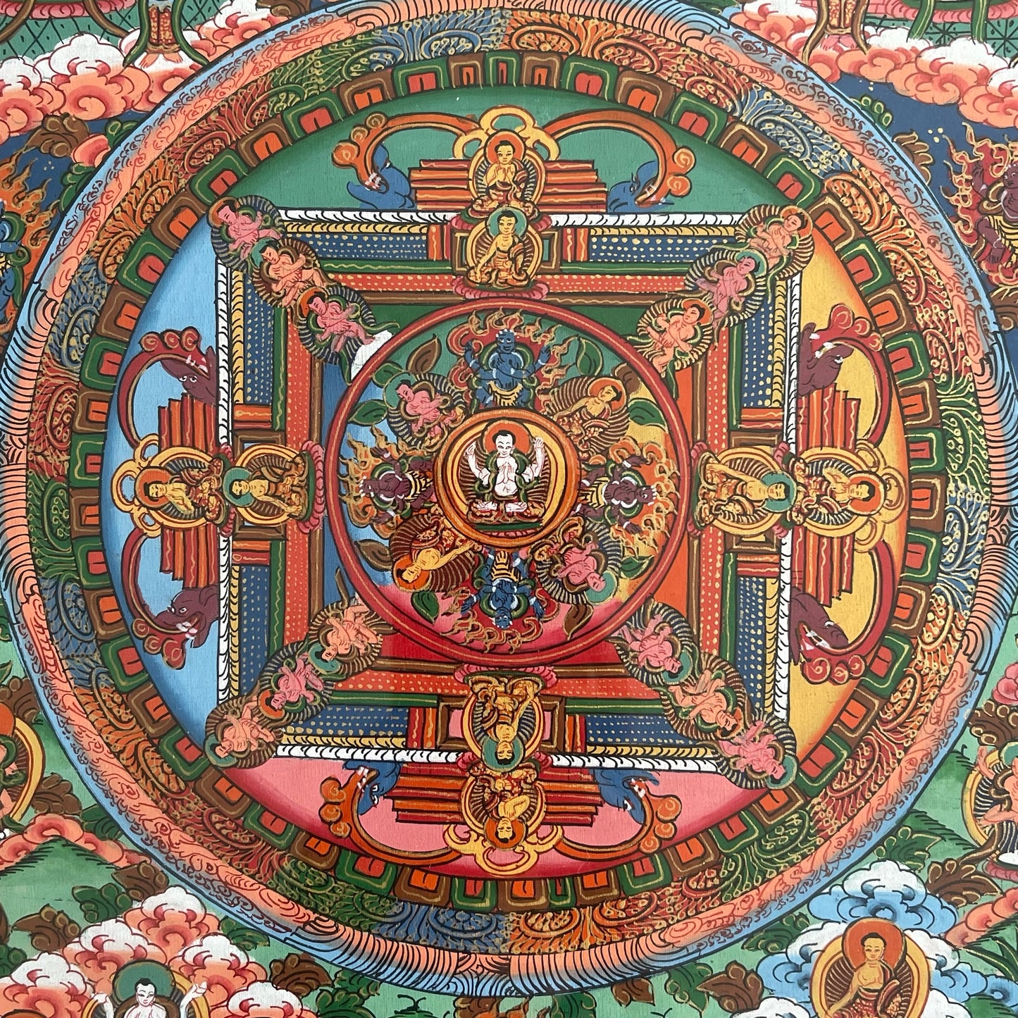 Thangka Budista, Pintura Tibetana, Pintada a Mano en Nepal, Mandala de La Rueda del Dharma con Marco y Vidrio