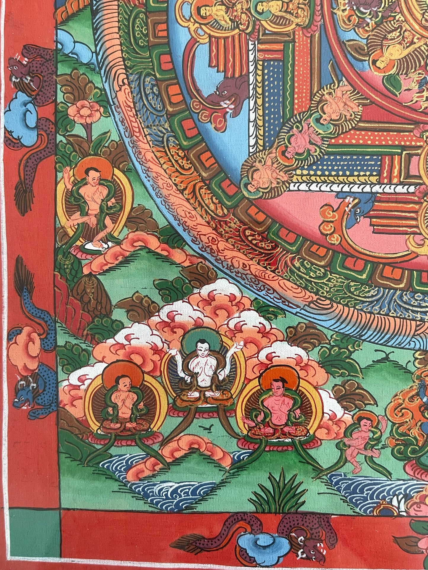 Thangka Budista, Pintura Tibetana, Pintada a Mano en Nepal, Mandala de La Rueda del Dharma con Marco y Vidrio