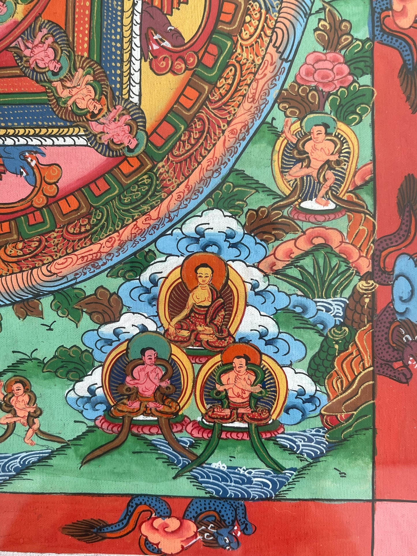 Thangka Budista, Pintura Tibetana, Pintada a Mano en Nepal, Mandala de La Rueda del Dharma con Marco y Vidrio