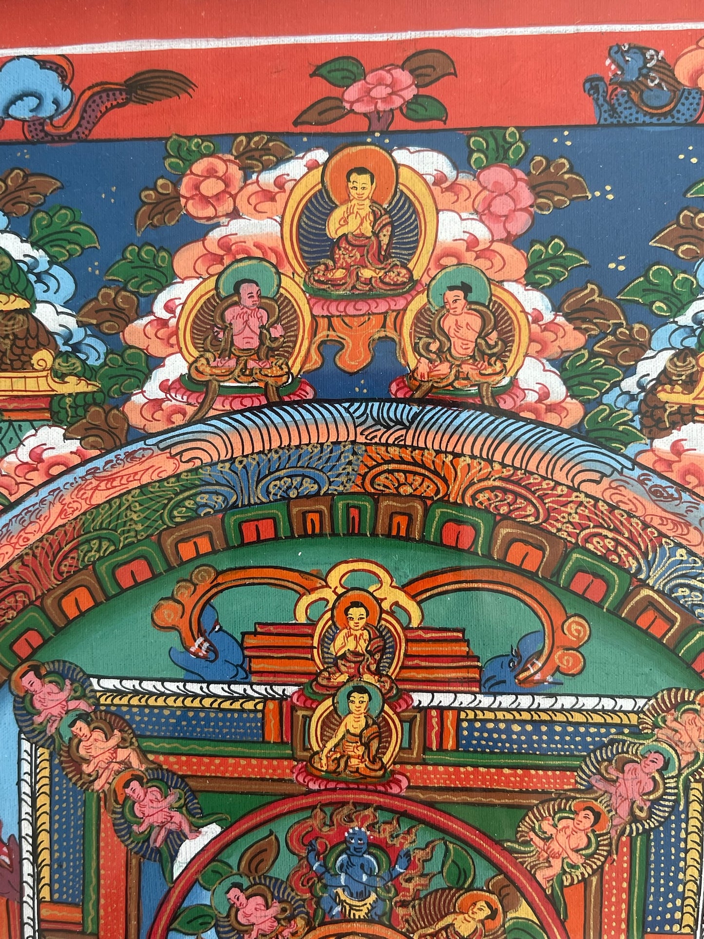 Thangka Budista, Pintura Tibetana, Pintada a Mano en Nepal, Mandala de La Rueda del Dharma con Marco y Vidrio