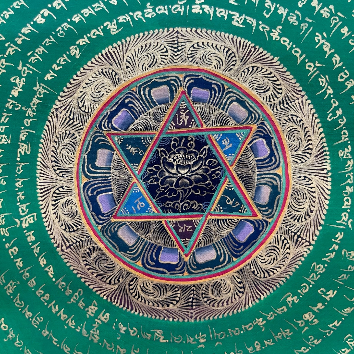 Thangka Budista, Pintura Tibetana, Pintada a Mano en Nepal, Mandala de Om Mani Pädme Hum Mantra en Sánscrito