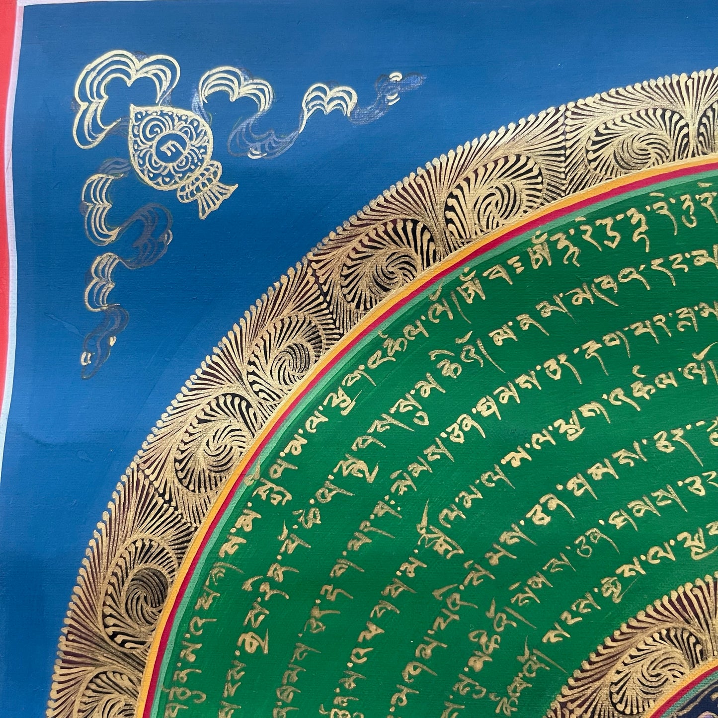 Thangka Budista, Pintura Tibetana, Pintada a Mano en Nepal, Mandala de Om Mani Pädme Hum Mantra en Sánscrito