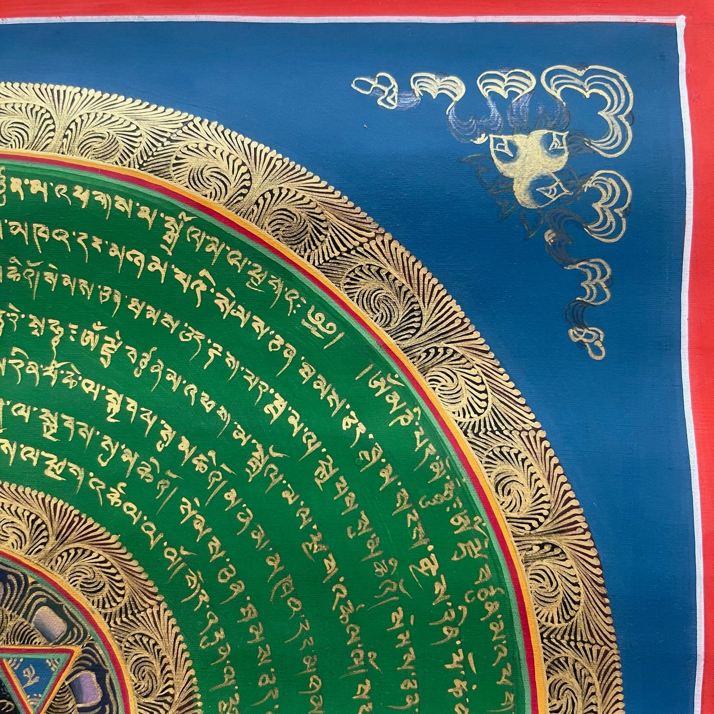 Thangka Budista, Pintura Tibetana, Pintada a Mano en Nepal, Mandala de Om Mani Pädme Hum Mantra en Sánscrito