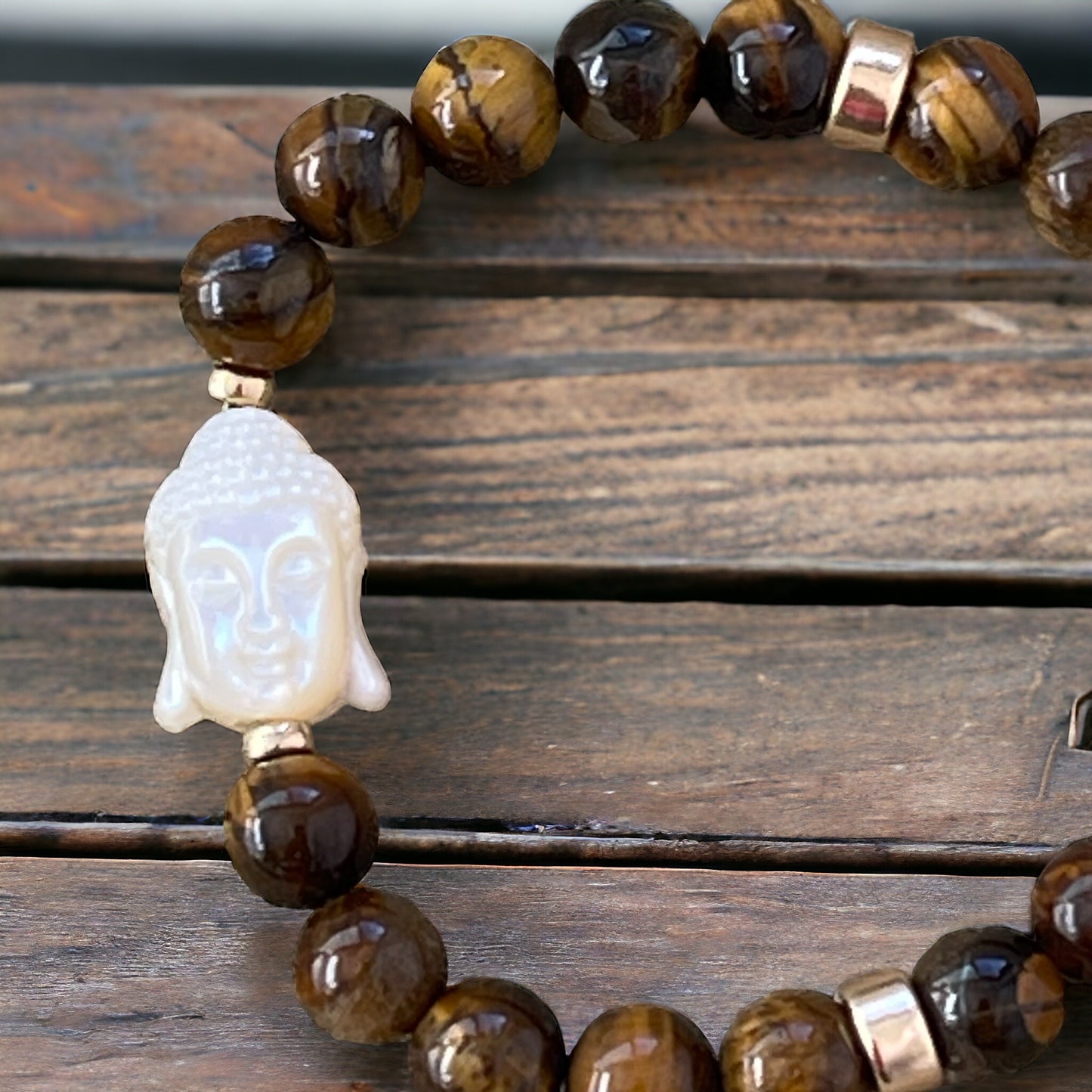 Pulsera de Buddha de Ojo de Tigre con Madre Perla